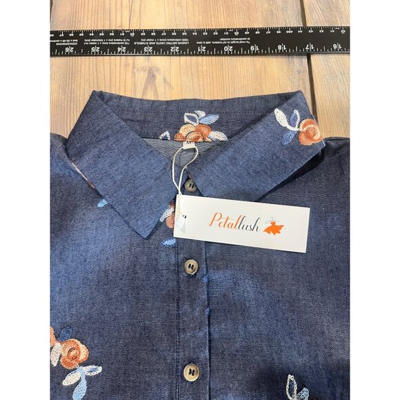 Petal Lush Denim  Midi Shirt Dress Womens M Blue Jean Embroidered Button Up - Picture 5 of 9
